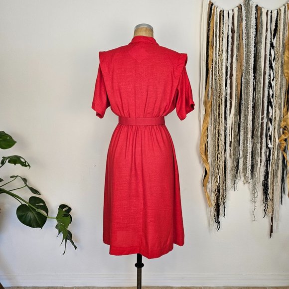80's Vintage Red Midi Dress with Belt _ Rhodes Collections Inc - Picture 4 of 9